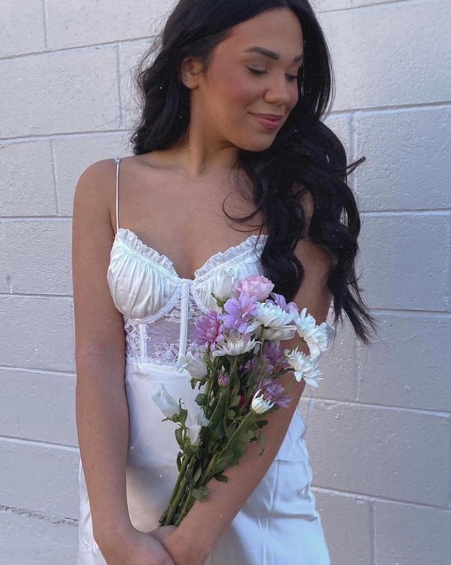 Ivory Lace Bodice Sweetheart Neckline Mini Dress