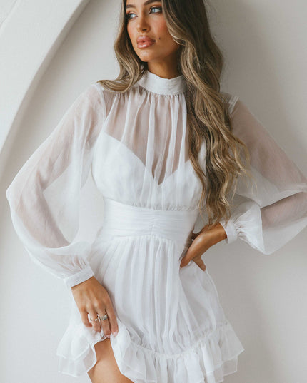 White High Neck Long Sleeve Waistband Dress