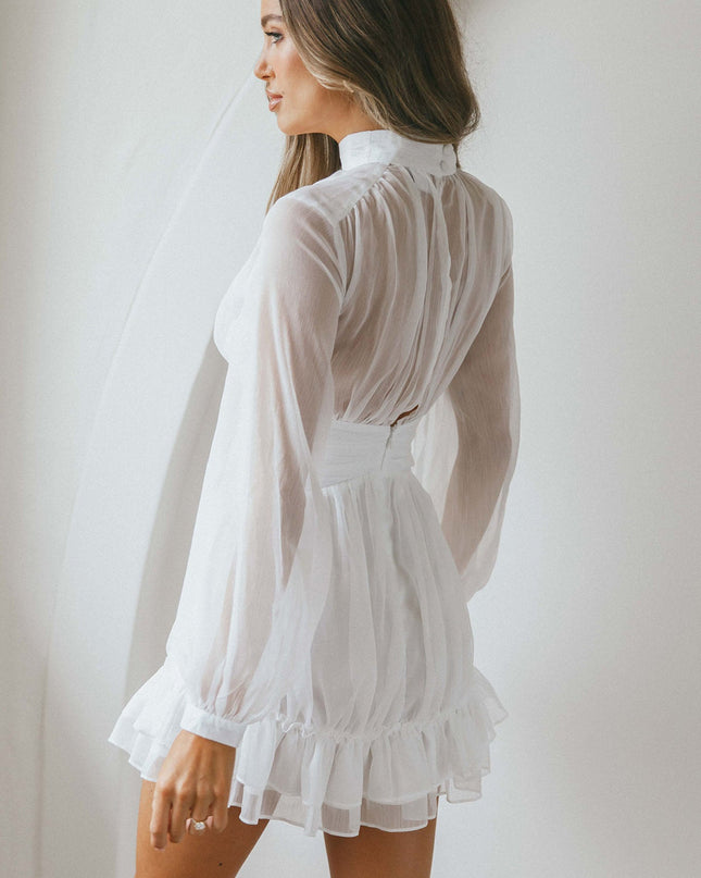 White High Neck Long Sleeve Waistband Dress