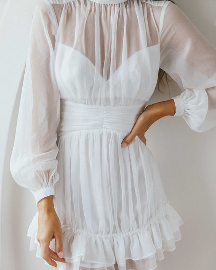 White High Neck Long Sleeve Waistband Dress