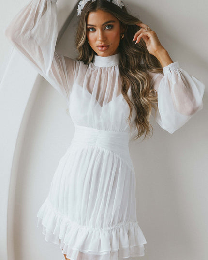White High Neck Long Sleeve Waistband Dress