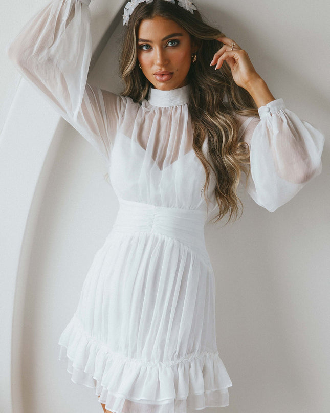 White High Neck Long Sleeve Waistband Dress