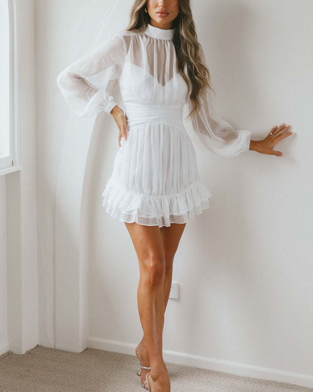 White High Neck Long Sleeve Waistband Dress