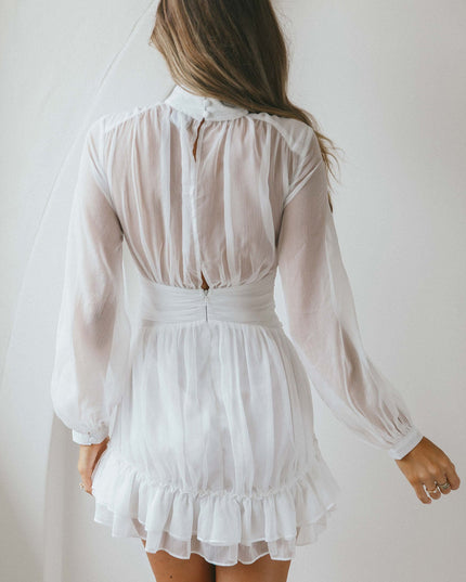 White High Neck Long Sleeve Waistband Dress