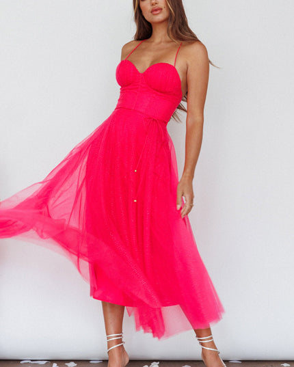 Fuchsia Sweetheart Neckline Chiffon Midi Dress