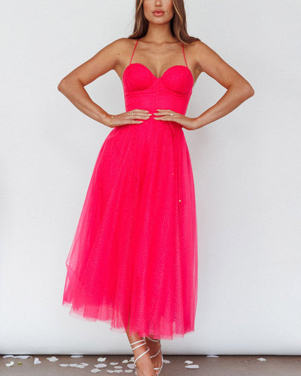 Fuchsia Sweetheart Neckline Chiffon Midi Dress