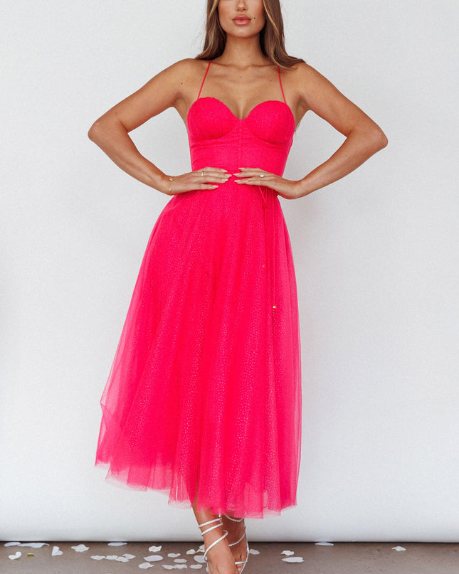 Fuchsia Sweetheart Neckline Chiffon Midi Dress