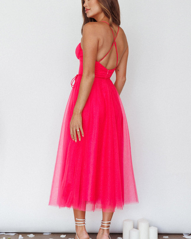 Fuchsia Sweetheart Neckline Chiffon Midi Dress