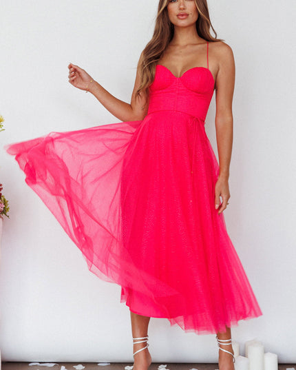 Fuchsia Sweetheart Neckline Chiffon Midi Dress