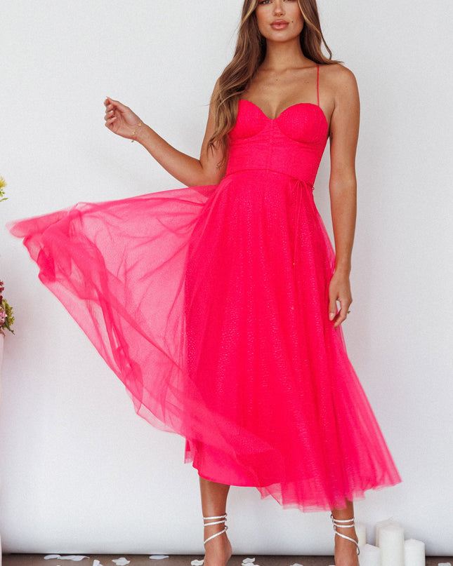 Fuchsia Sweetheart Neckline Chiffon Midi Dress