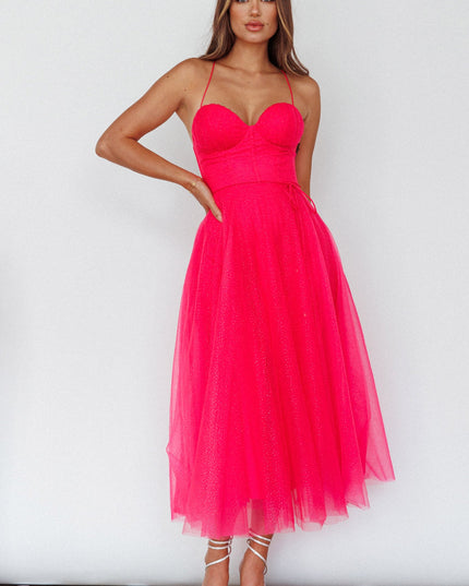 Fuchsia Sweetheart Neckline Chiffon Midi Dress