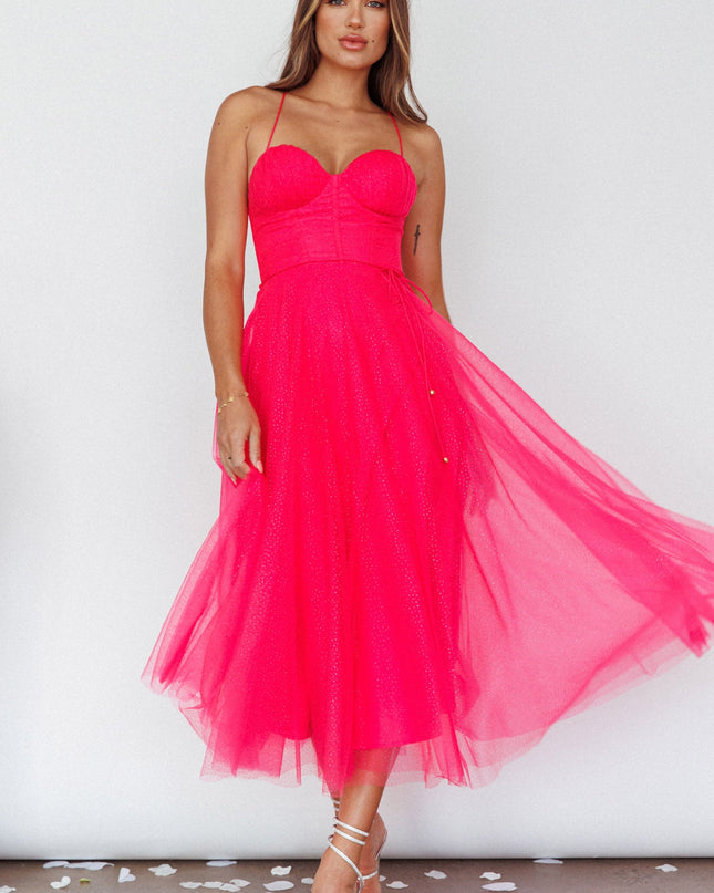 Fuchsia Sweetheart Neckline Chiffon Midi Dress
