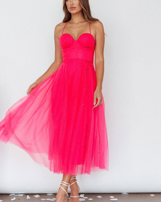Fuchsia Sweetheart Neckline Chiffon Midi Dress
