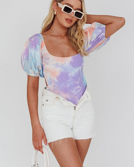 Purple/Blue Glimpse Puff Sleeve Open Back Bodysuit Tie-Dye