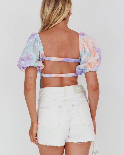 Purple/Blue Glimpse Puff Sleeve Open Back Bodysuit Tie-Dye