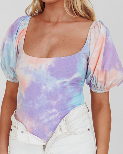 Purple/Blue Glimpse Puff Sleeve Open Back Bodysuit Tie-Dye