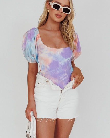 Purple/Blue Glimpse Puff Sleeve Open Back Bodysuit Tie-Dye
