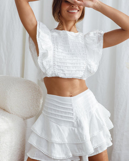 White Free Pintuck Pleat And Ruffle Crop Top
