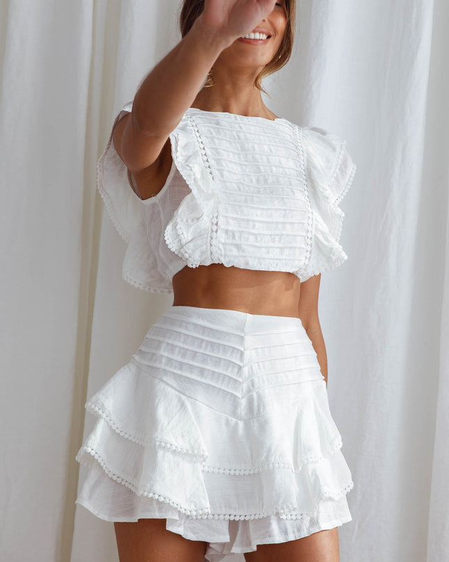 White Free Pintuck Pleat And Ruffle Crop Top