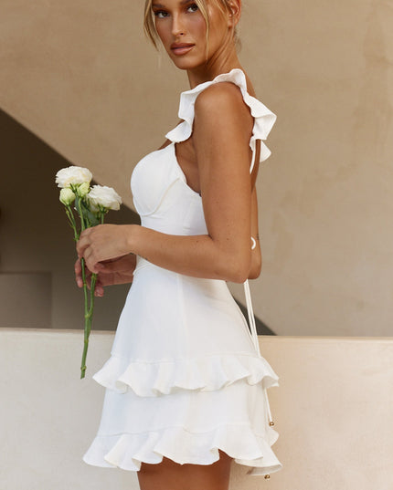White Ruffle Trim Piping Detail Lace-Up Back Dress