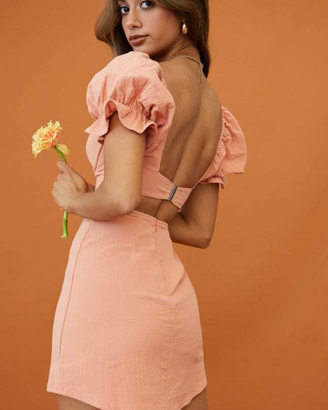 Apricot Jean Puff Sleeve Piping Trim Mini Dress