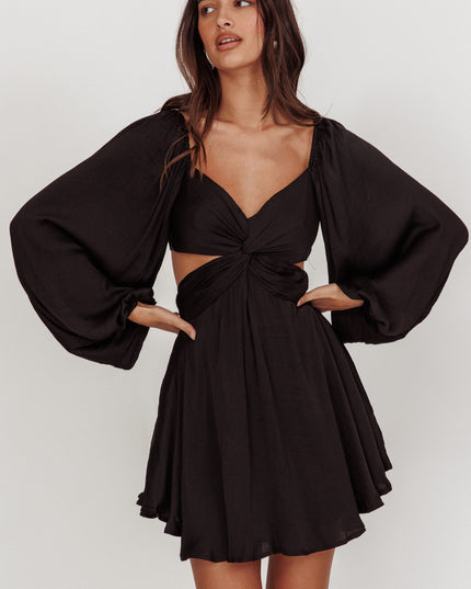 Black Balloon Sleeve Twist Mini Dress