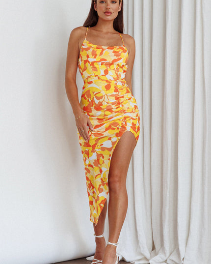 Yellow Split Midi Dress Print