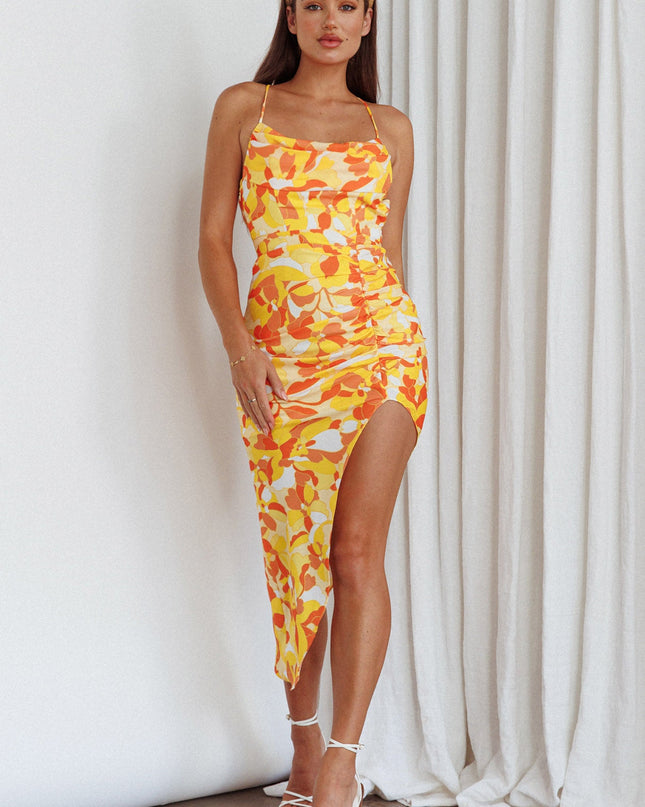 Yellow Split Midi Dress Print