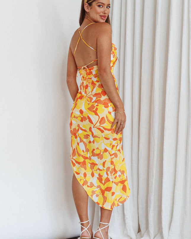 Yellow Split Midi Dress Print