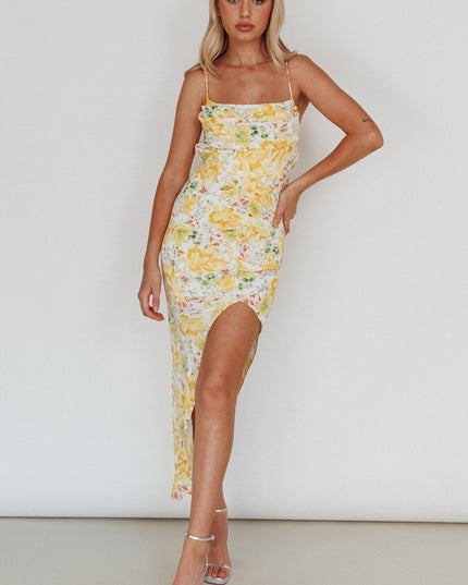 Yellow Split Midi Dress Floral