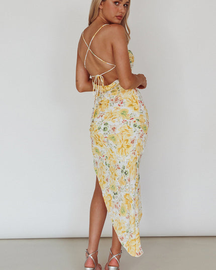 Yellow Split Midi Dress Floral
