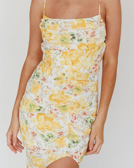 Yellow Split Midi Dress Floral