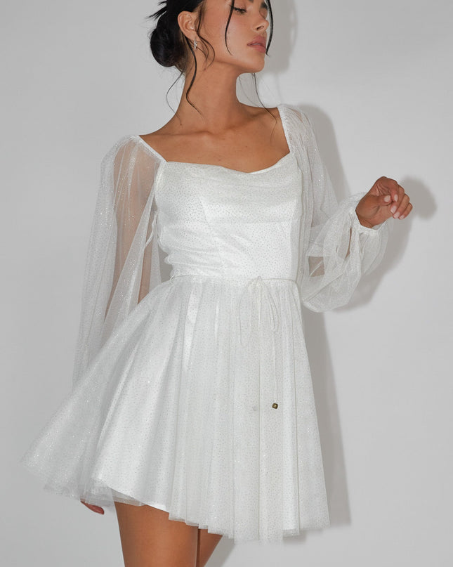 White/Gold Pleat Neckline Mini Dress Sparkle