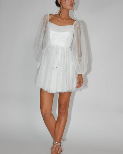 White/Gold Pleat Neckline Mini Dress Sparkle