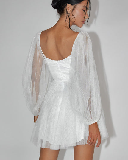 White/Gold Pleat Neckline Mini Dress Sparkle