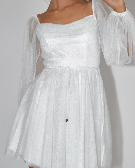 White/Gold Pleat Neckline Mini Dress Sparkle
