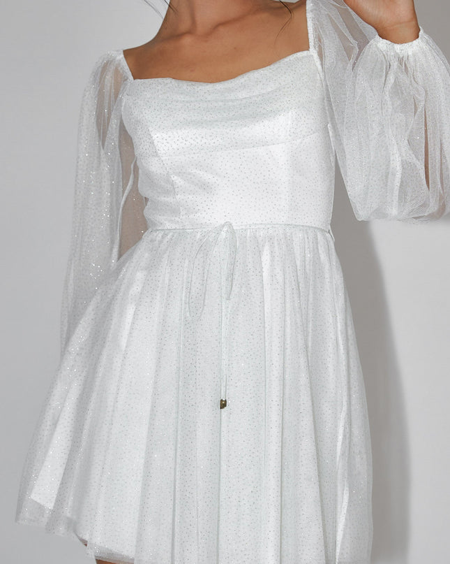 White/Gold Pleat Neckline Mini Dress Sparkle