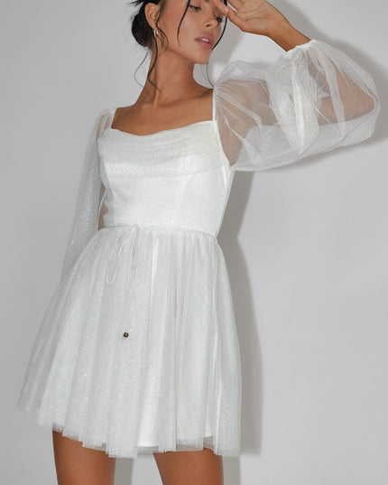 White/Gold Pleat Neckline Mini Dress Sparkle
