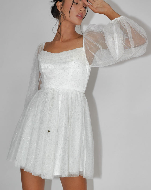 White/Gold Pleat Neckline Mini Dress Sparkle