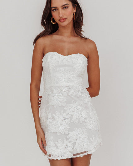 White Embellished Flower Mini Dress