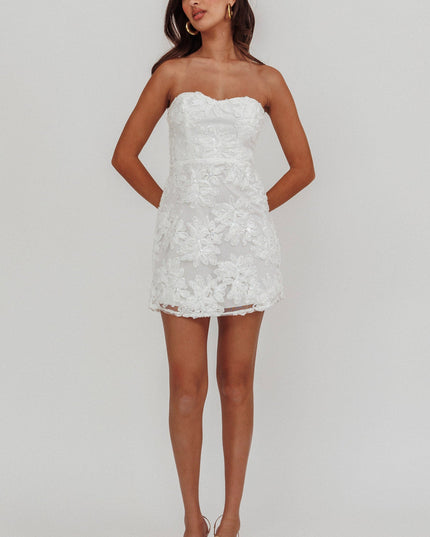White Embellished Flower Mini Dress