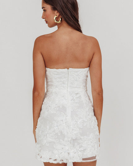 White Embellished Flower Mini Dress