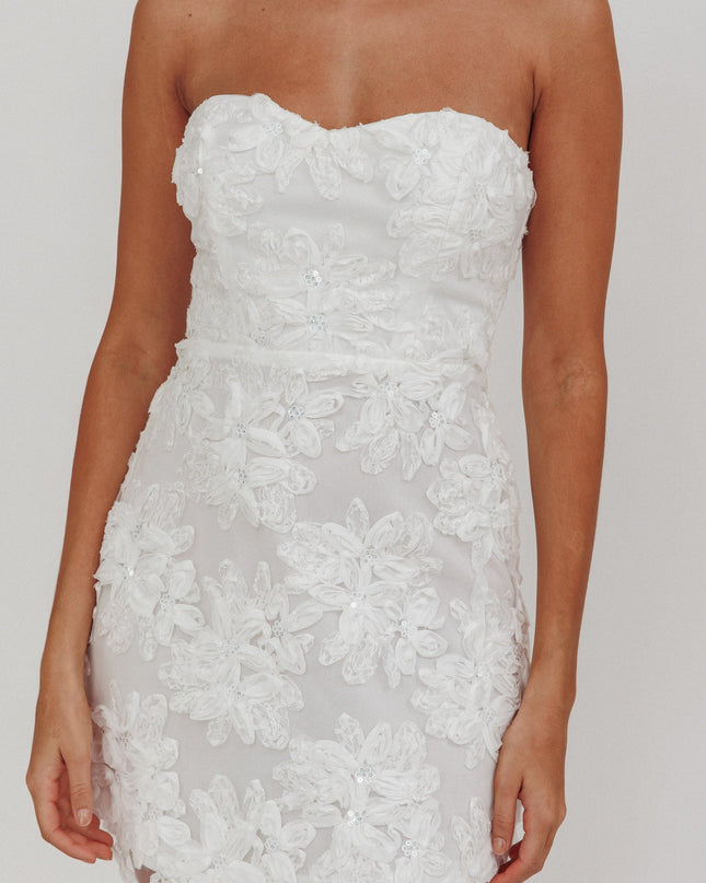 White Embellished Flower Mini Dress