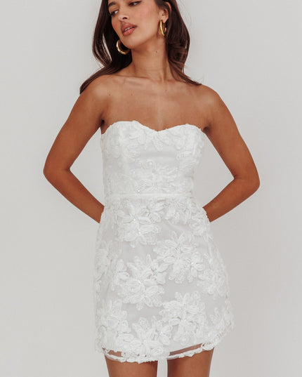 White Embellished Flower Mini Dress
