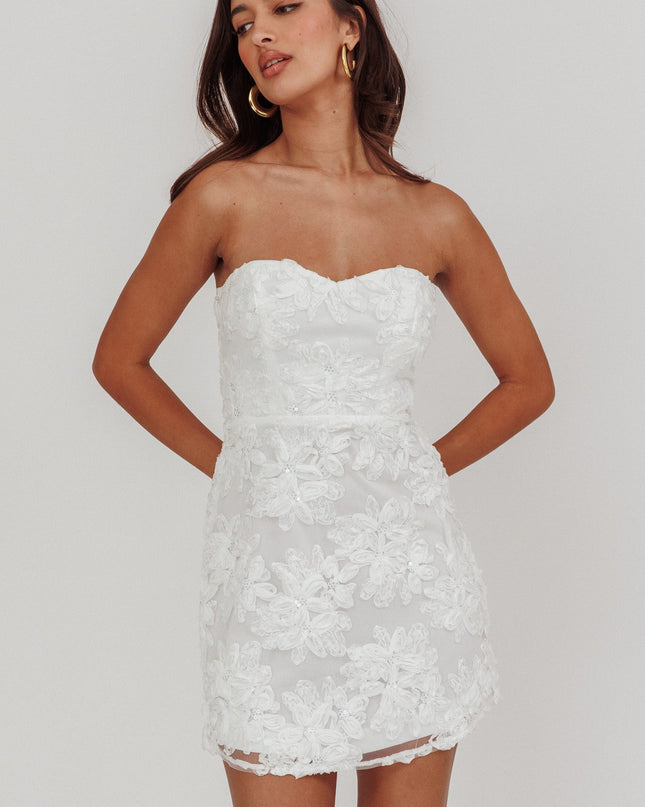 White Embellished Flower Mini Dress
