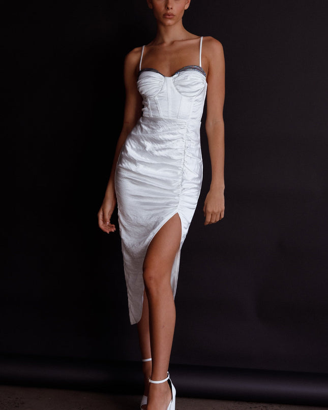 White Structured Bodice Ruched Midi Dress