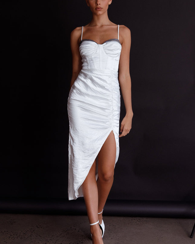 White Structured Bodice Ruched Midi Dress