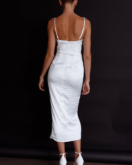 White Structured Bodice Ruched Midi Dress