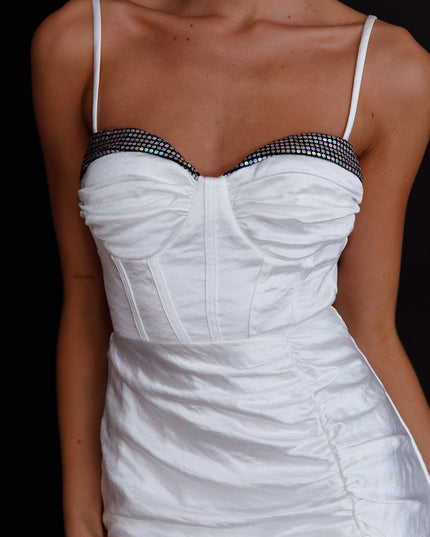 White Structured Bodice Ruched Midi Dress