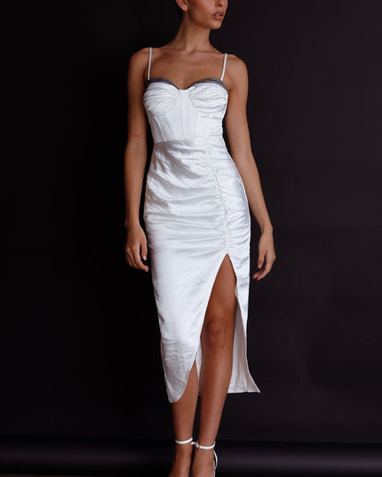 White Structured Bodice Ruched Midi Dress